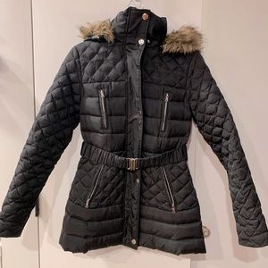 Moda International Belted Down Puffer Coat Detachable Hood Size Small